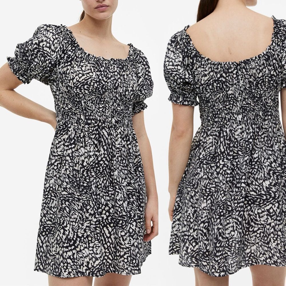 H&M puff sleeve off shoulder summer Dress black white print smocked S
